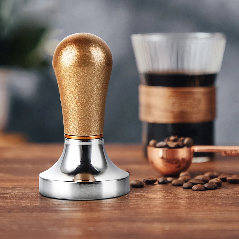 58mm Espresso Coffee Tamper Aluminum Distributor Leveler Tool Bean Press Hammer with Wooden Handle for Baristal |