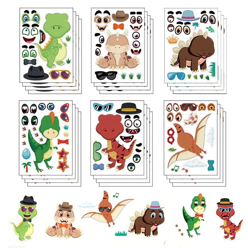 Autocollants dinosaures pour enfants, 6-24 feuilles, puzzle, bricolage,  faire un visage, D37, scrapbooking, décalcomanies, fête, cadeaux de  récompense - AliExpress