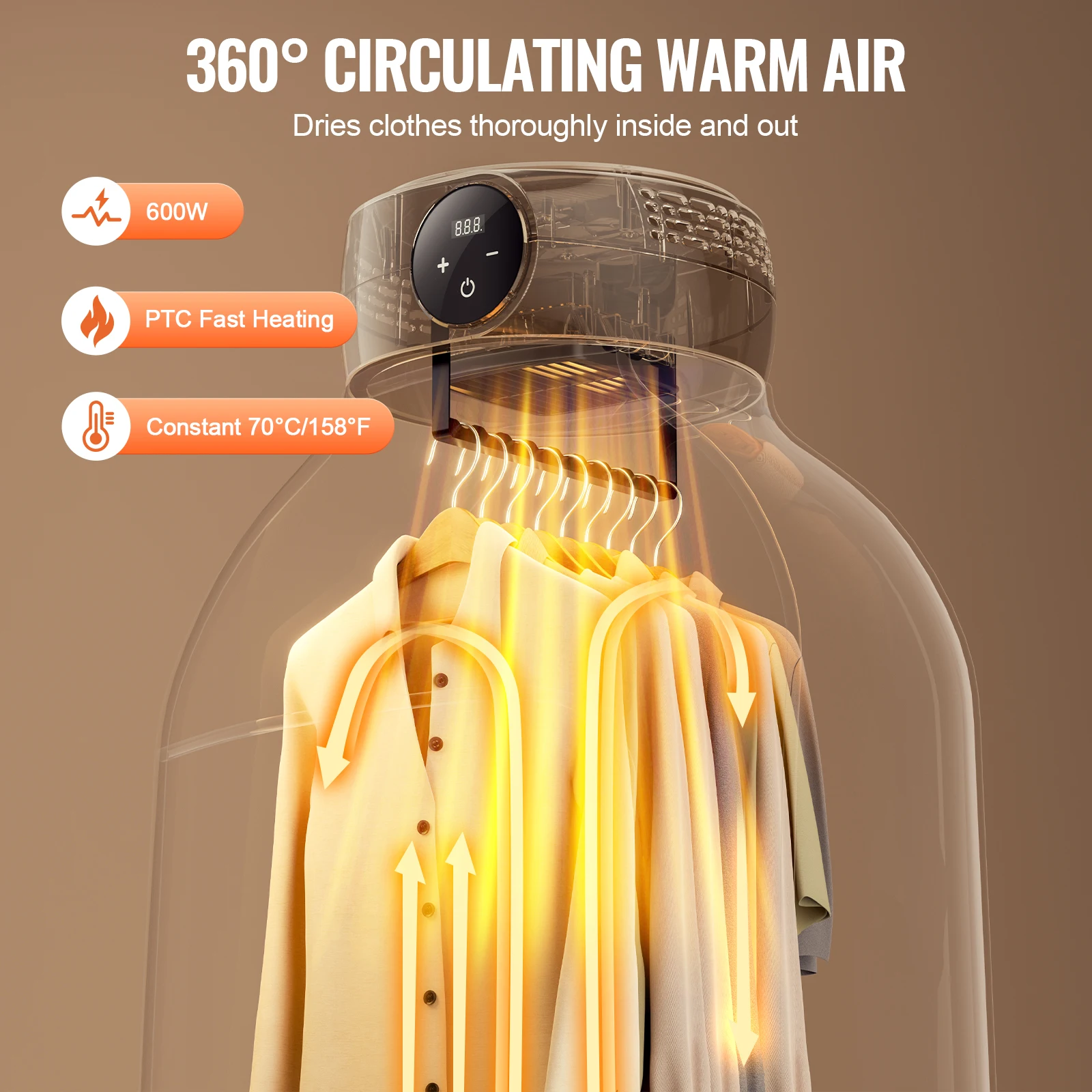 VEVOR Portable Clothes Dryer 600W Foldable with Dryer Bag 5-H Timer & LED Display for Apartments Dorms RVs or Hotels