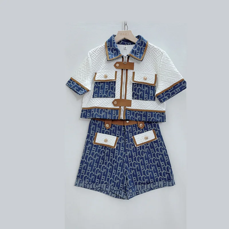 

High Quality Vintage Classic Short Suit Women Korea Summer Short Sleeve Zipper Tops High Waist Shorts Two Piece Set Streetwear
