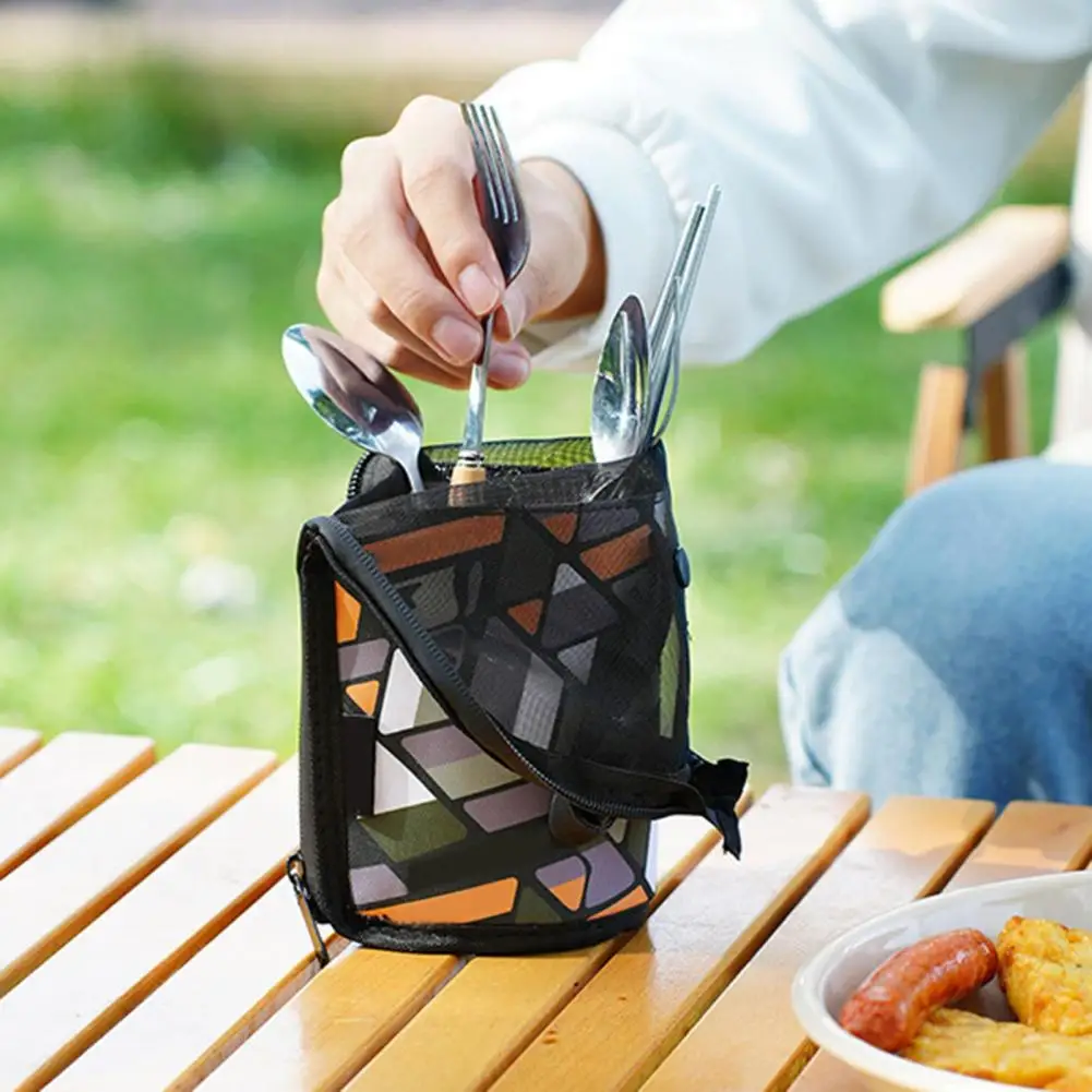 Cutlery Storage Pouch Waterproof Outdoor Cutlery Storage Bag with Mesh Pocket for Travel Camping Picnic Portable Utensils