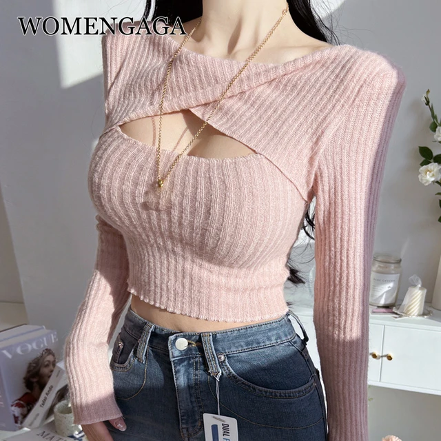 WOMENGAGA Korea Pink Tight Thin Long Sleeve V-neck Base Shirt Body Big  Chest Sexy Top Autumn 2021 Tees Sexy Hot Tops E8SG