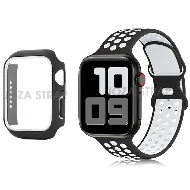Case+Strap For Apple Watch band 44mm 45mm 38mm 42mm 41mm Silicone watchband  suit bracelet for iWatch series 3 4 5 6 se 7 band 24 Black white suit