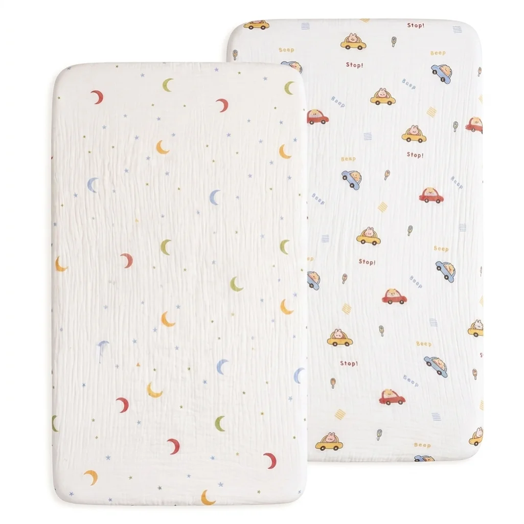 2 Pezzi Lenzuolo con Angoli in Cotone per Neonati, con Stampa Cartone Animato, Morbido e Confortevole, Traspirante e Assorbente, per Materasso