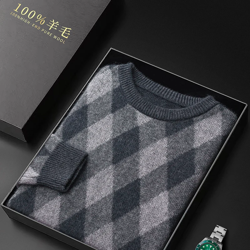 New Men's 100% Pure Cashmere Wool Sweater O-neck Color Matching Pullover Autumn Winter Casual Thick Fashion Large Size Top 6