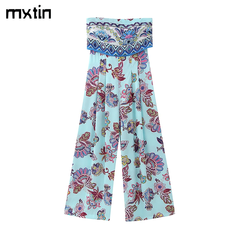 

Women Summer Fashion Floral Print Playsuits Vintage Strapless Sleeveless Backless Female Casual Chic Long Jumpsuits Vestidos