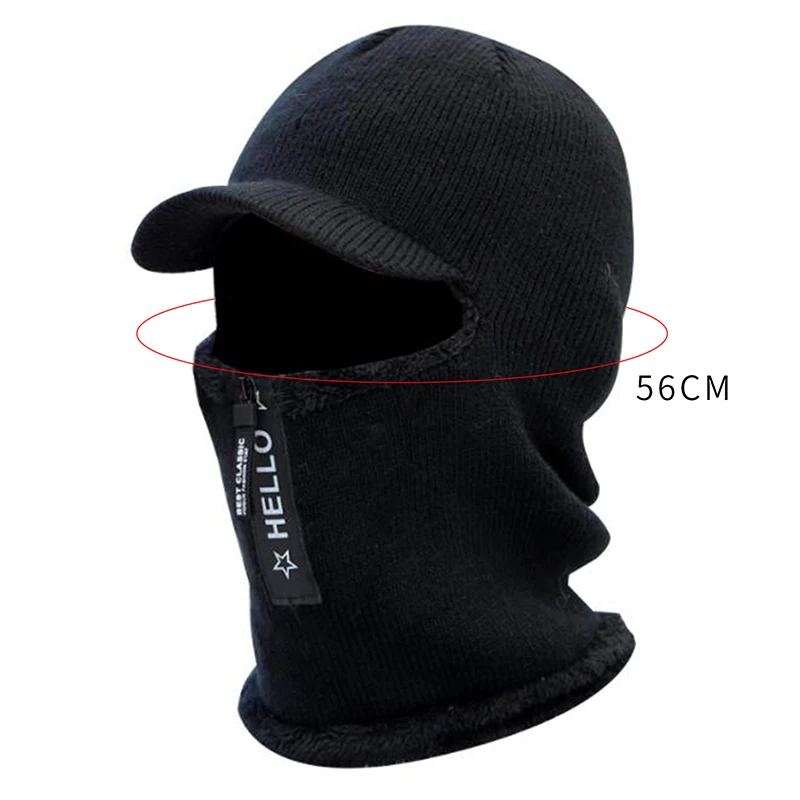 Men Knitted Woolen Hats Winter Zipper Plush Hat Collar Set Cap Outdoor Cycling Neck Protection For Male