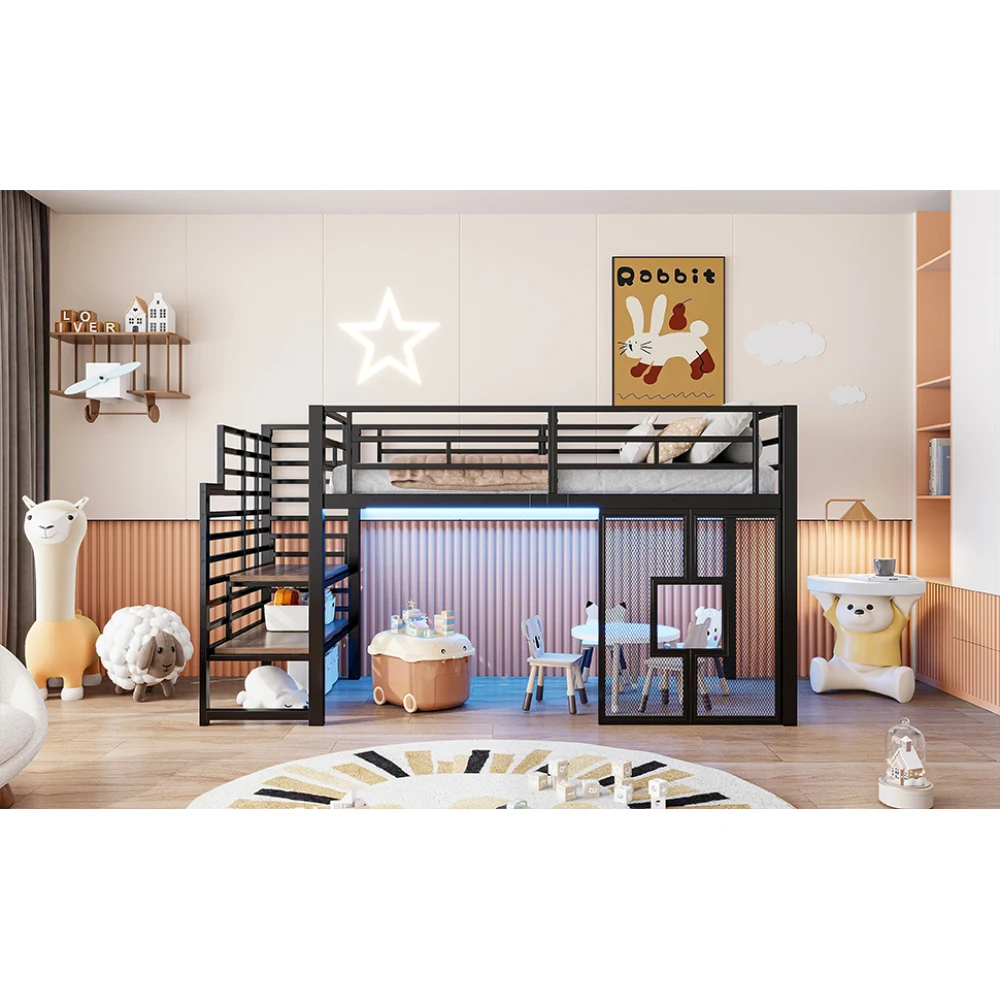 90x200cm Metall-Hochbettgestell mit Treppe, Stauraum, Babybett mit LED-Beleuchtung und Fenstern, Kinder-Etagenbett, Schwarz/Weiß – Detail 19