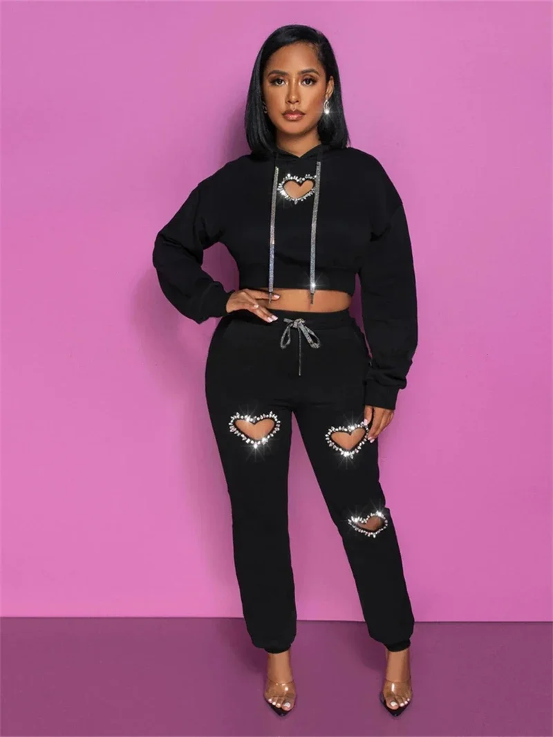 

Crystal Love Cutout Tracksuit Women Two Piece Set Spring Clothing Hoodies Sweatshirt Top and Pant Sets Womens 2 Piece Outfit Set