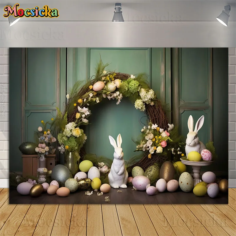 

Easter Photography Backdrops Spring Green Plants Easter Egg Flowers Bunny Decorative Props Kids Birthday Background Photo Studio