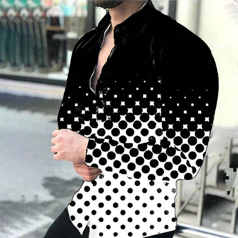 thumbnail image 1 of Camisa informal de manga larga para hombre, de primavera 2024, con estampado digital 3D de lunares y solapa de un solo pecho, camisa de fiesta 5XL, 14 colores, 1 of 5