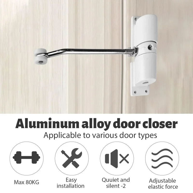 Automatic Door Closer All White/Black Safety Double Spring Door Closer Silence Adjustable Convert Hinged Doors to Self-Closing