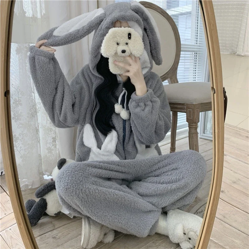 Sweet Bunny Hooded Onesies Women Pajamas Cute Pijama Winter Warm