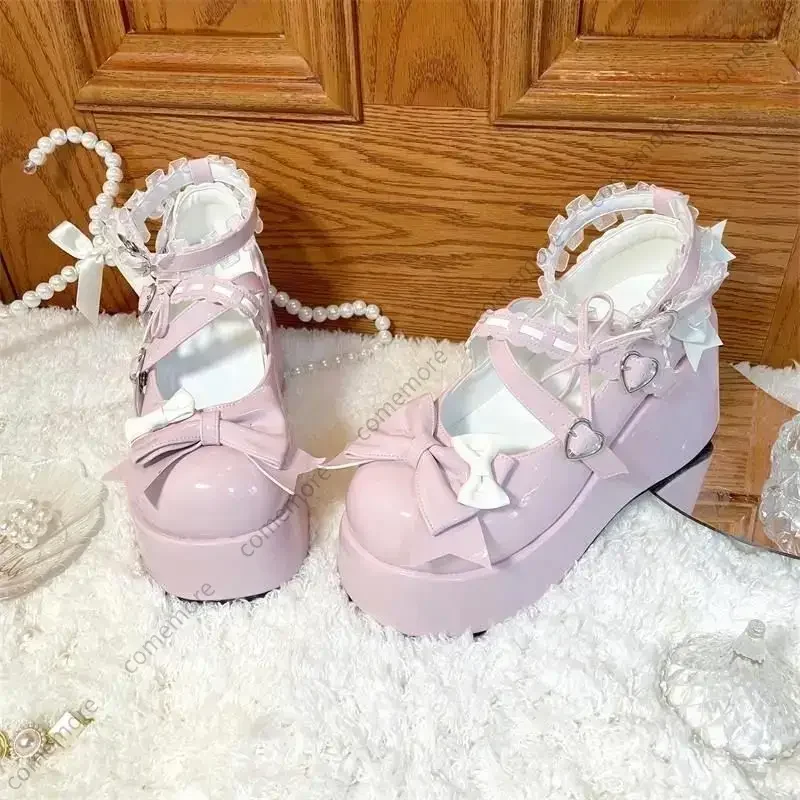 Lace Bowknot White Lolita Shoes for Women 2025 Heart Buckle Platform Mary Janes Woman Japanese Style Patent Leather Jk Shoes 5