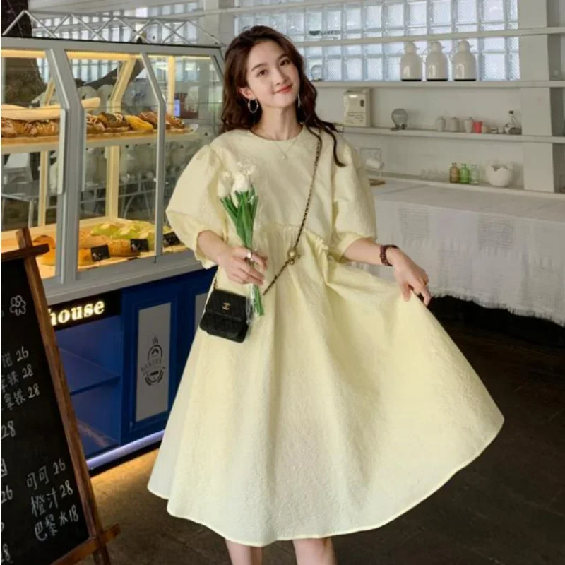 

2024 Summer Doll Dresses Women Loose Light Yellow Cotton Princess Dress Midi Sweet Puff Sleeve Round Neck High Waist Clothes