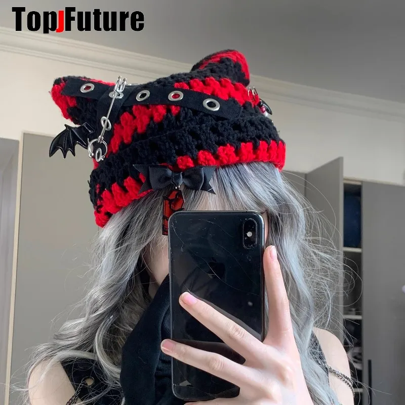 Harajuku Gothic Lolita Knitted Cat Ear Hat Women Punk Designer Cross Bat Winter Beanie Hat Female Y2K Girls Accessories Cap