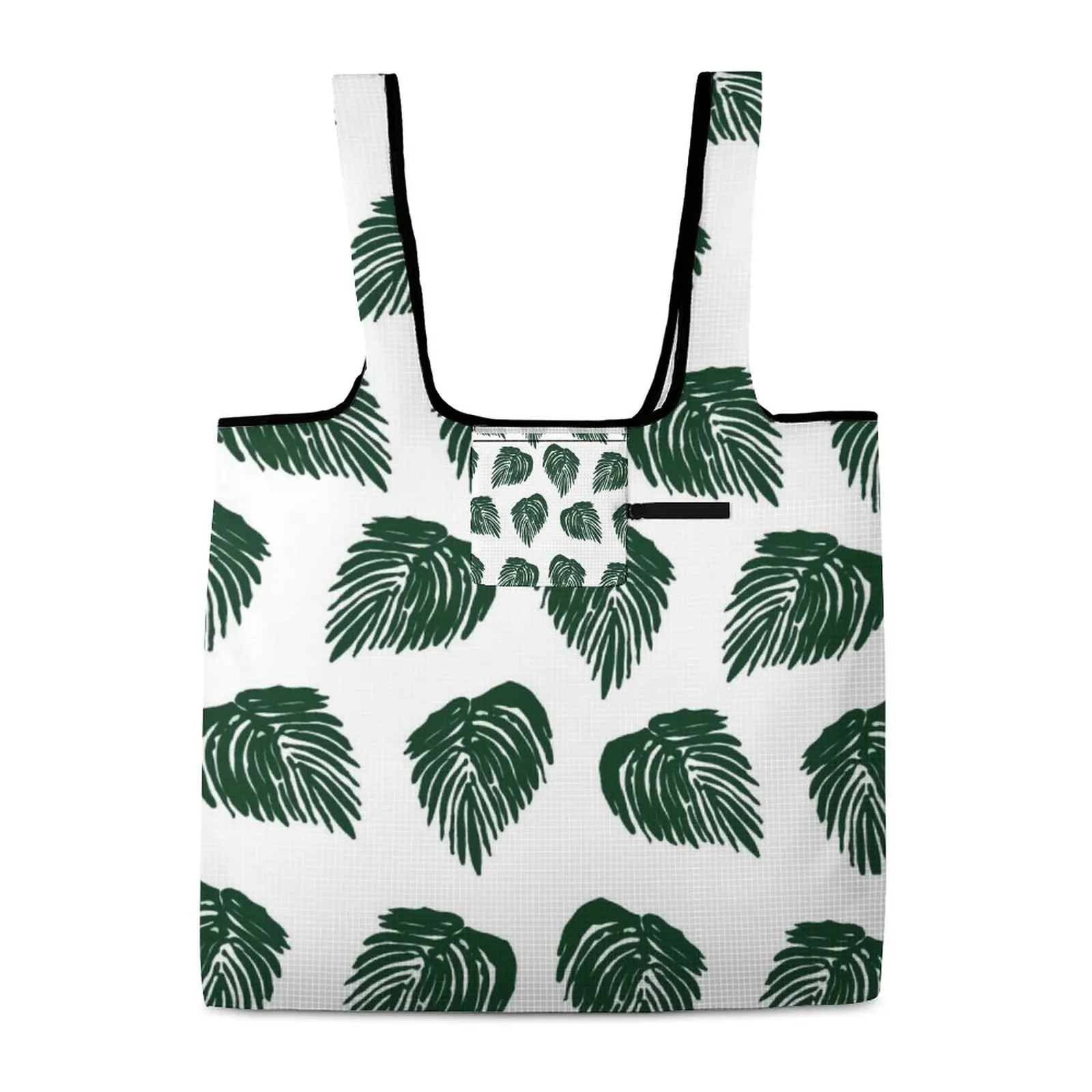 Foldable Shopping Bag Green Leaves Handbag Custom Pattern String Bag Lightweight Waterproof Reusable Large Capacity Tote Bag