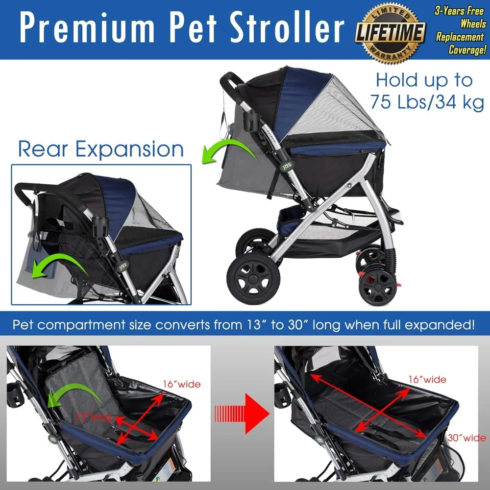 HPZ Pet Rover Premium Heavy Duty Dog/Cat/Pet Stroller Travel Carriage With Convertible Compartment/Zipperless Entry/Reversible