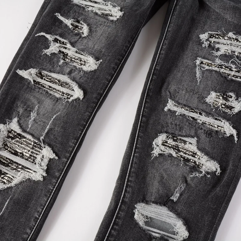 Men's Cracked Bandana Patch Jeans Streetwear Paisley Printed Pleated Patchwork Biker Pants Skinny Tapered Stretch Denim Trousers 5