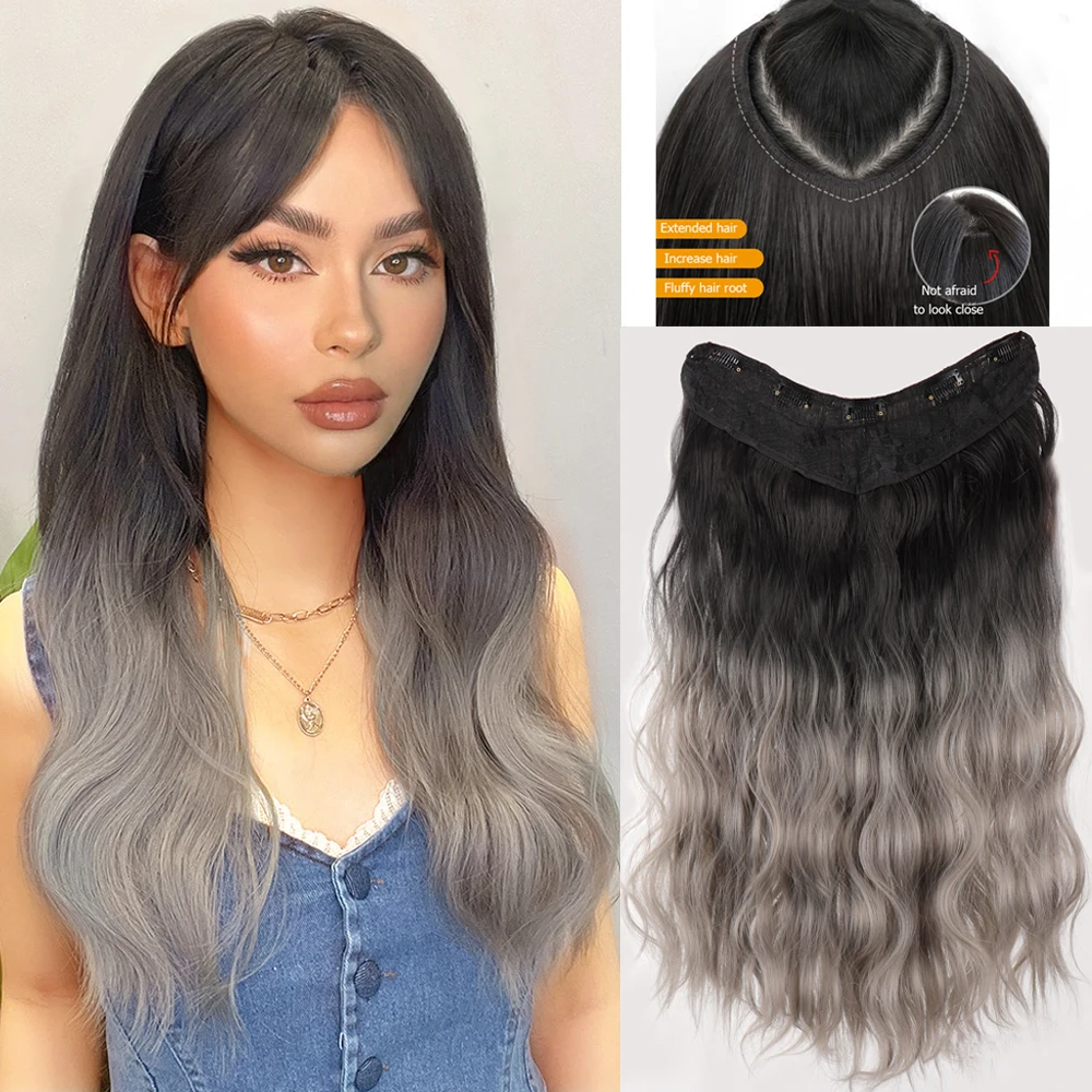 

Brown-black Gradient Gray Long Curly Hair Extension Piece for Women Synthetic High-temperature Hairpiece Clip In Hair Extensio