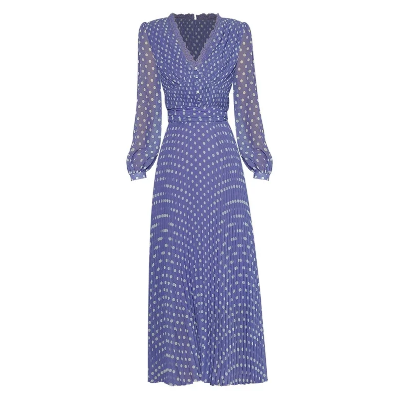 

Женские плиссированные платья в горошек, дизайнерские весенние платья с длинным рукавом и V-образным вырезом, новинка 2023