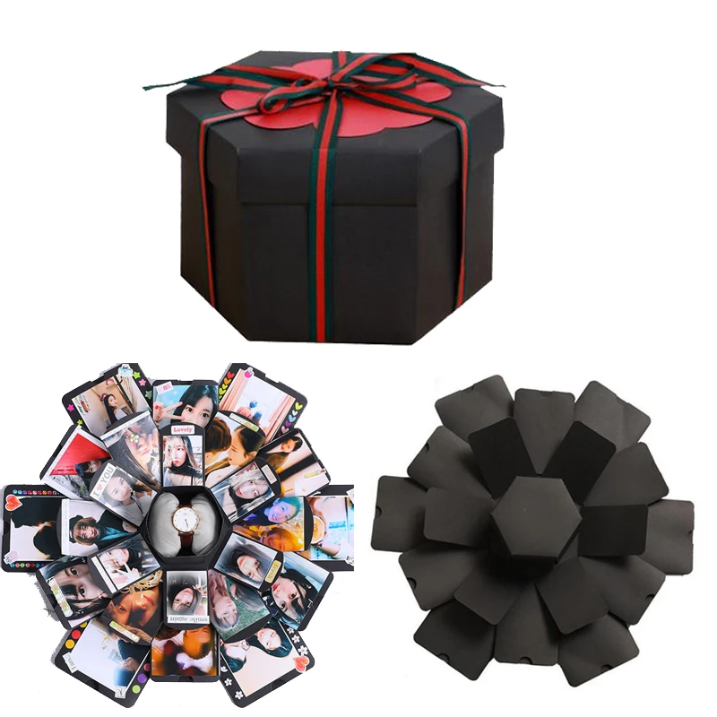 Explosion Gift Box DIY Photo Album Scrapbook for Birthday Anniversary  Wedding Proposal,hexagon Black 