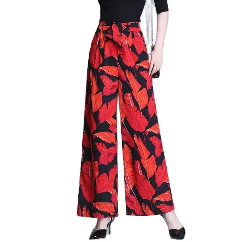 

Модные элегантные широкие брюки с принтом в стиле ретро, женские летние свободные женские пляжные брюки Hakama с высокой талией и цветочным принтом, 2022