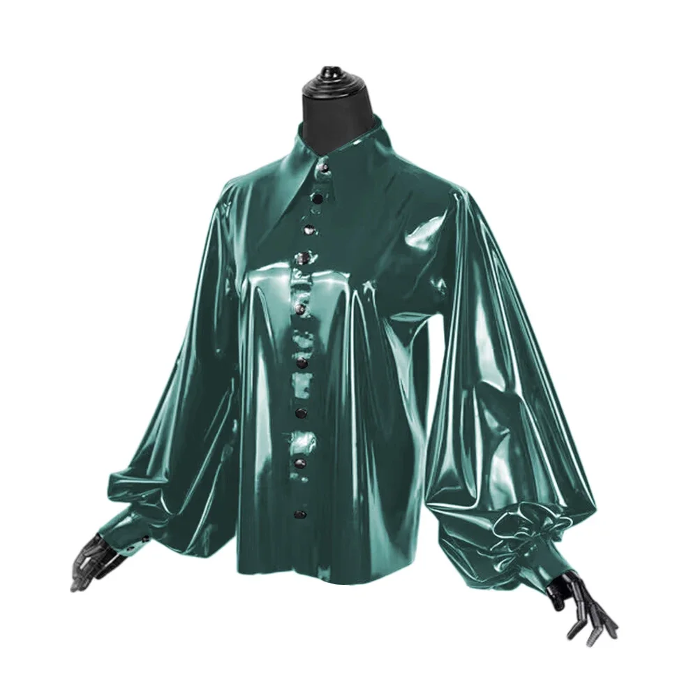 Plus Size Chic Botton Shorts for Ladies Fashion Lapel Blouse Shiny PVC Long Puff Sleeve Women Tops Office Lady Daily Match Tops