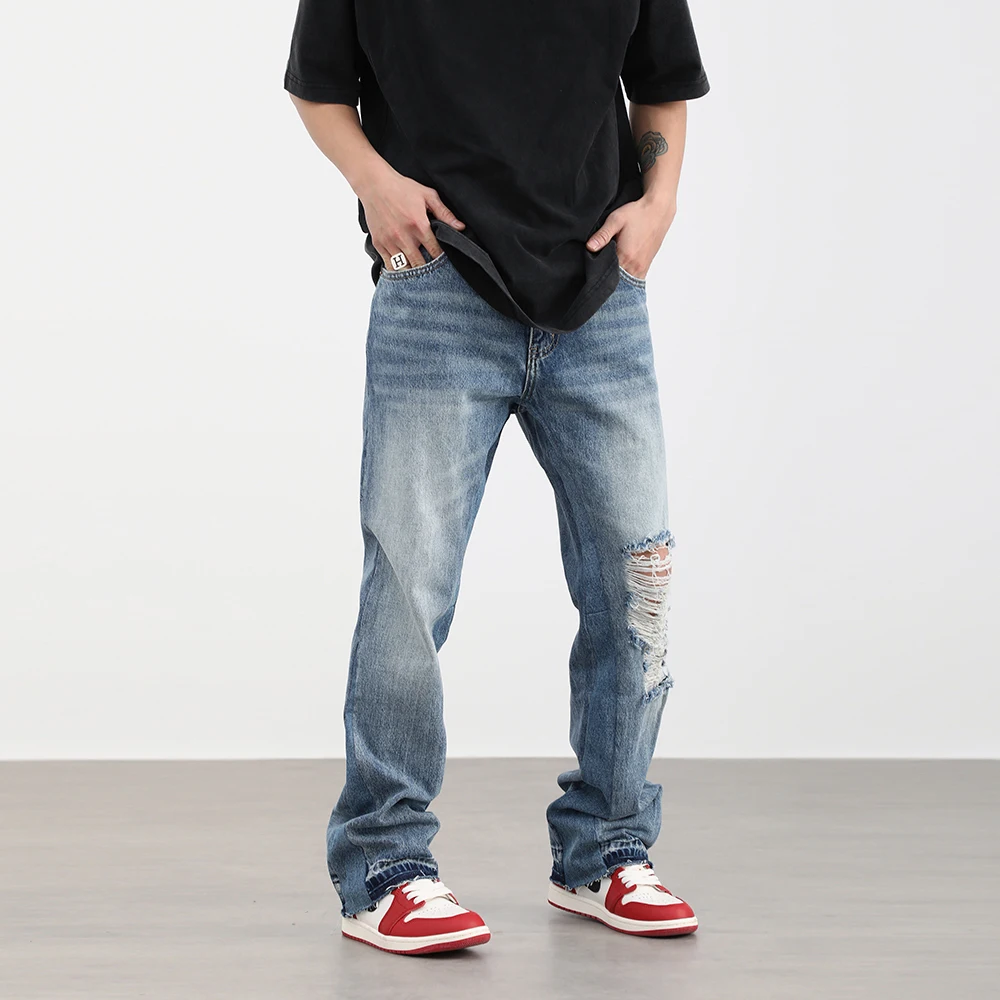 Vintage Washed Wornout Rough Hem Torn Flared Jeans For Men Ripped Slim Hiphop Patchwork Micro