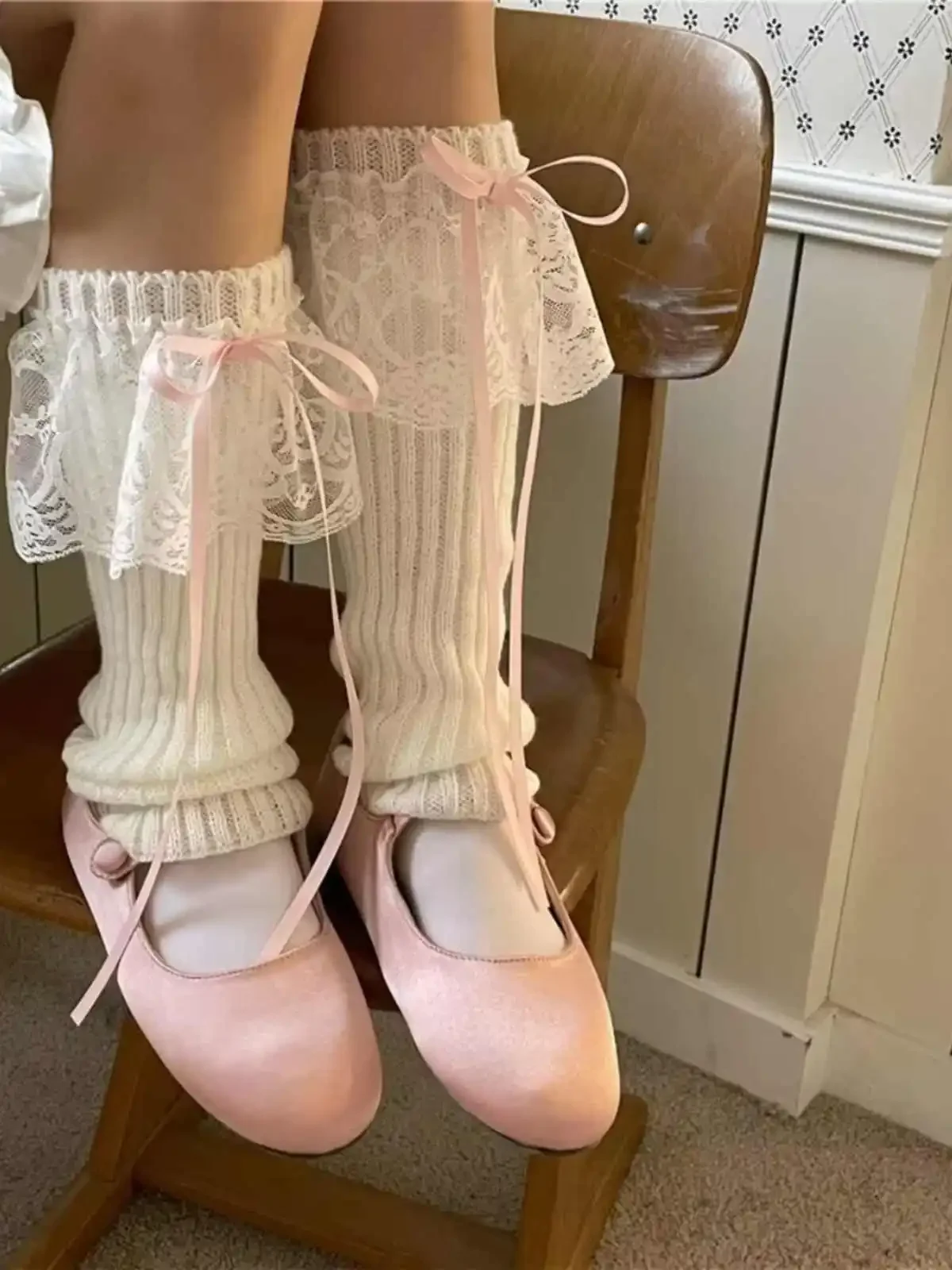 2025 neue Damen-Beinlinge, Herbst und Winter, Band, Lolita, schwarze Kniewärmer, lange Socken, JK, gestrickte weiße Beinwärmer für Mädchen – Detail 4