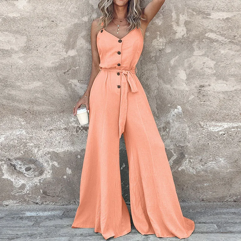 

Elegant Solid V Neck Wide-leg Pants Jumpsuit Women 2024 Button Lace-up Pleated Overall Rompers Summer Sleeveless Tank Overalls