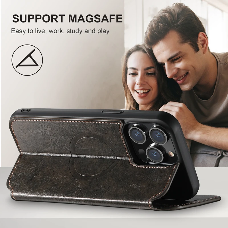 For iPhone 15 14 13 Pro Max Case Magnetic Oil Wax Pattern Leather Wallet Book Cover with Card Slot For Magsafe for iPhone15 Pro