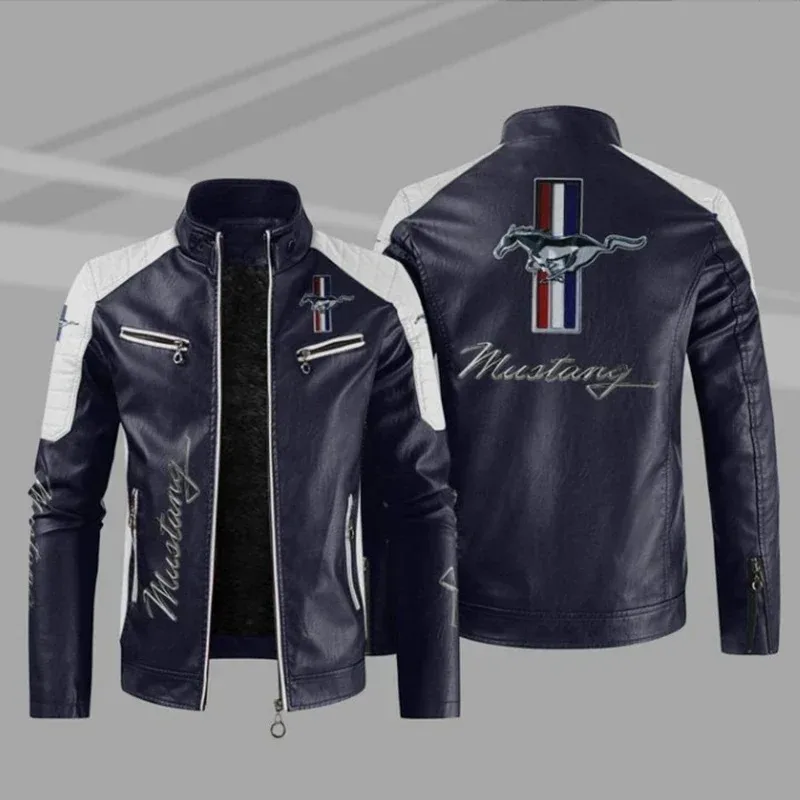 

Leather Jacket Mustang Logo Men Winter Fleece Motorcycle PU Leahter Jacket Male Stand Collar Casual Windbreaker Ropa De Hombre S