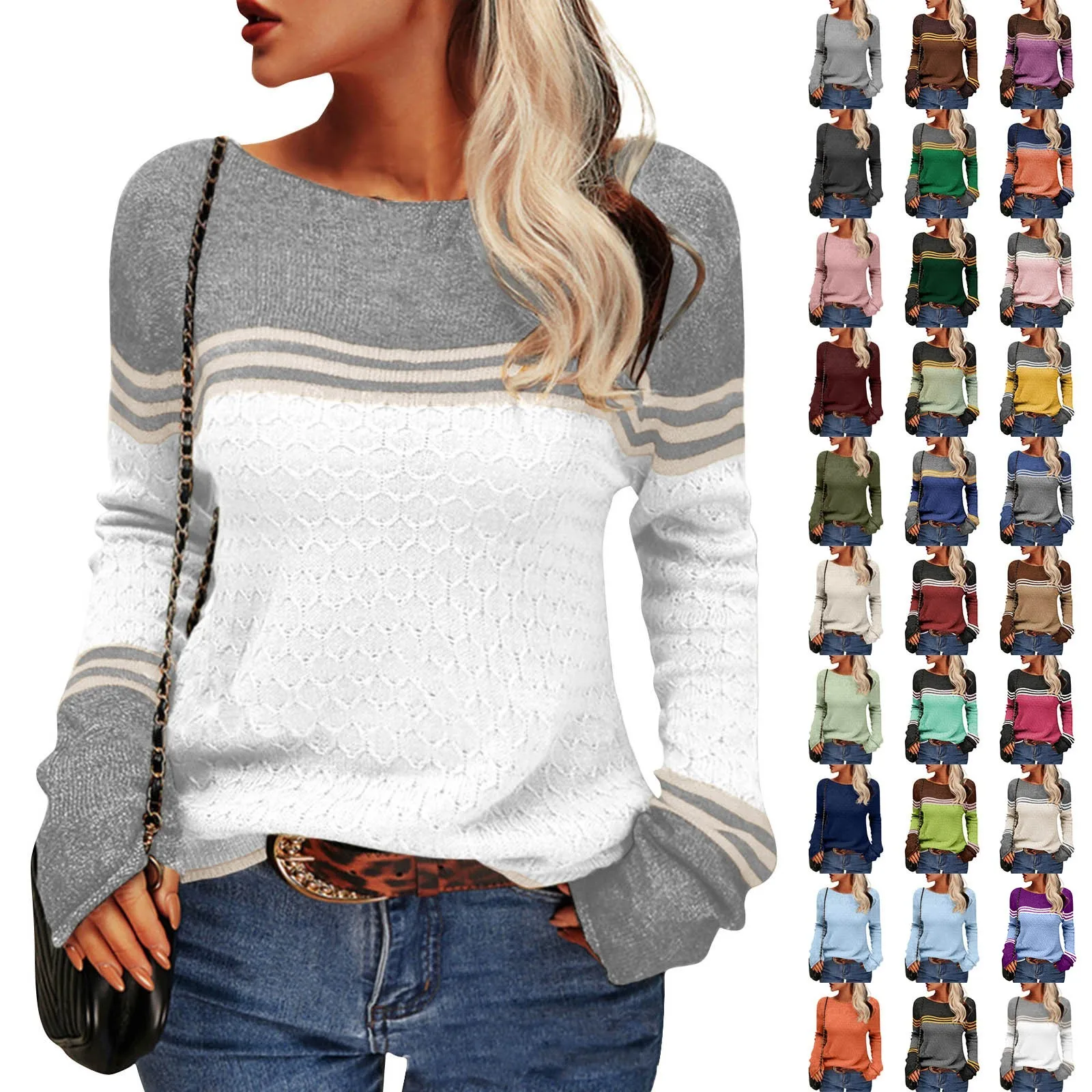 

Women's Fashion Knit Striped Colorblocked Round Neck Sweater Crochet Casual Top Uniquely Designed Eye-Catching And Personalized