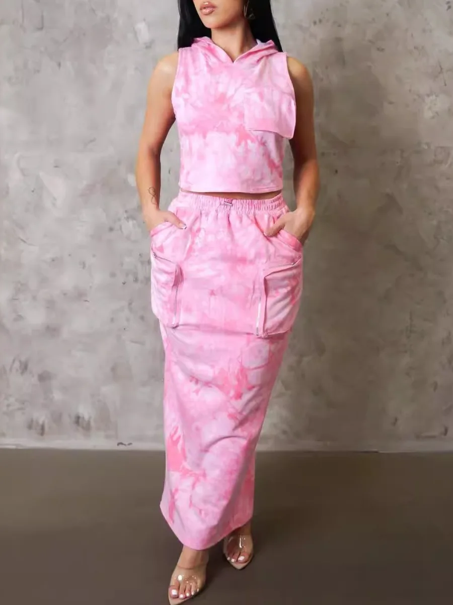 LW Hooded Collar Tie Dye Pocket Design Skirt Set summer sleeveless top + maxi skirt sets casual women's clothing Two pieces sets