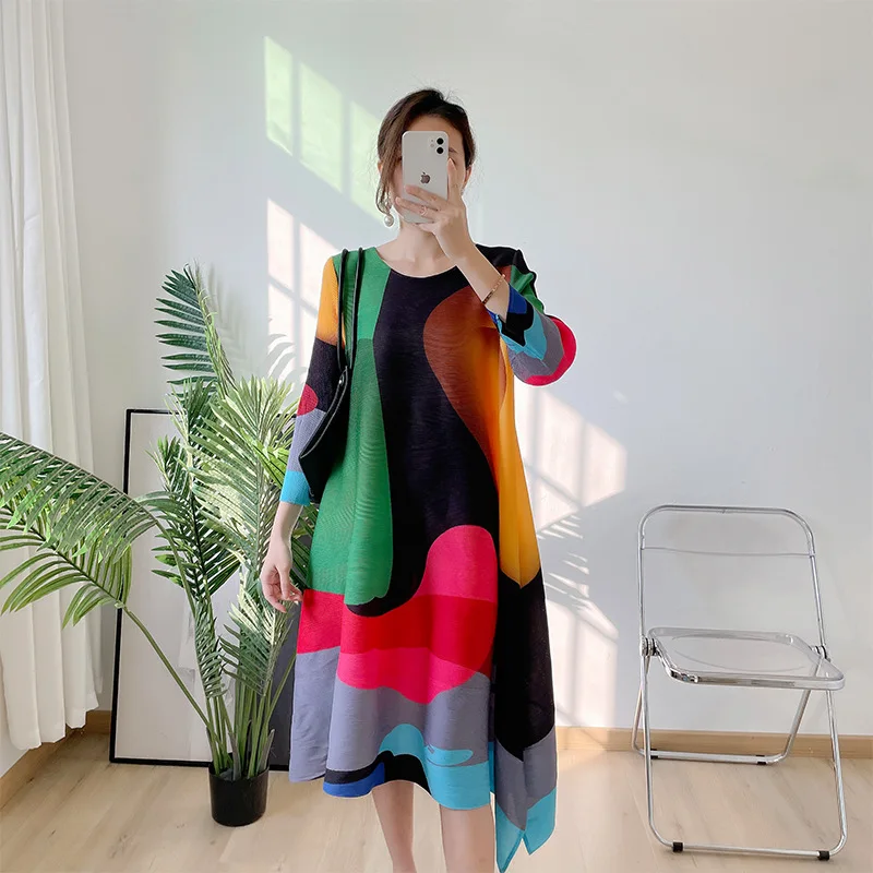 

DUOSHA Irregular Printing Pleated Dress Women's Round Neck Loose Contrast Color Dresses Female 2023 Spring Summer Tide 57841