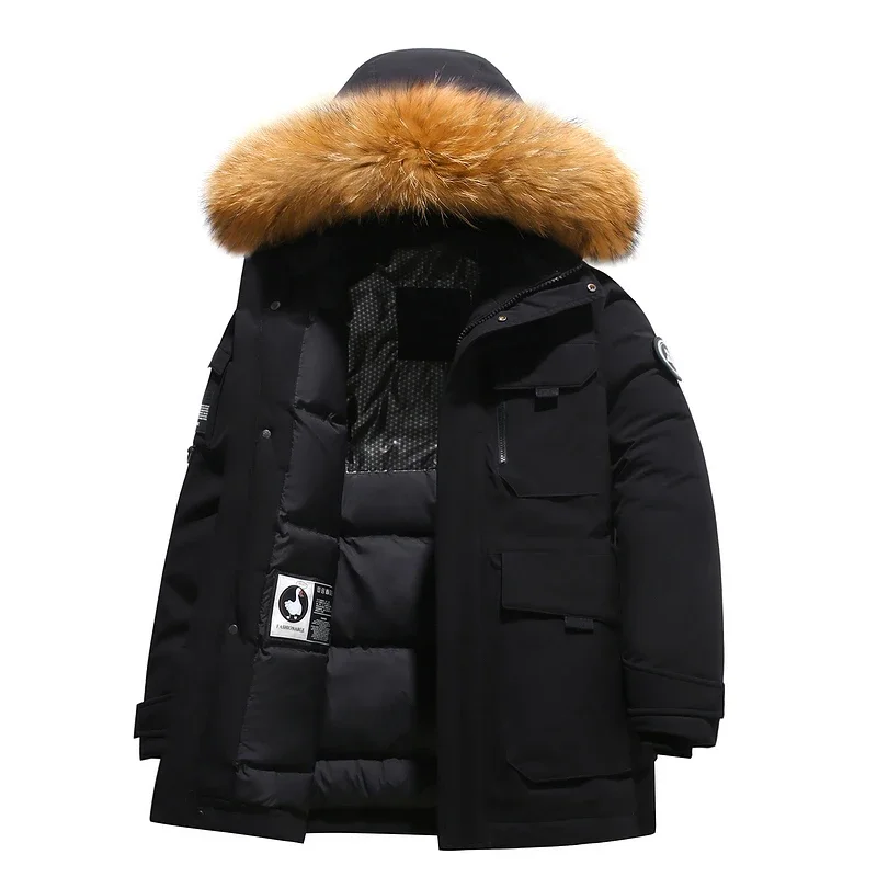 Winter Down Jacket Men's Lined White Duck Down Hooded Fur Collar Jacket Casual Fashion Thick Warm Embroidered Design Parka