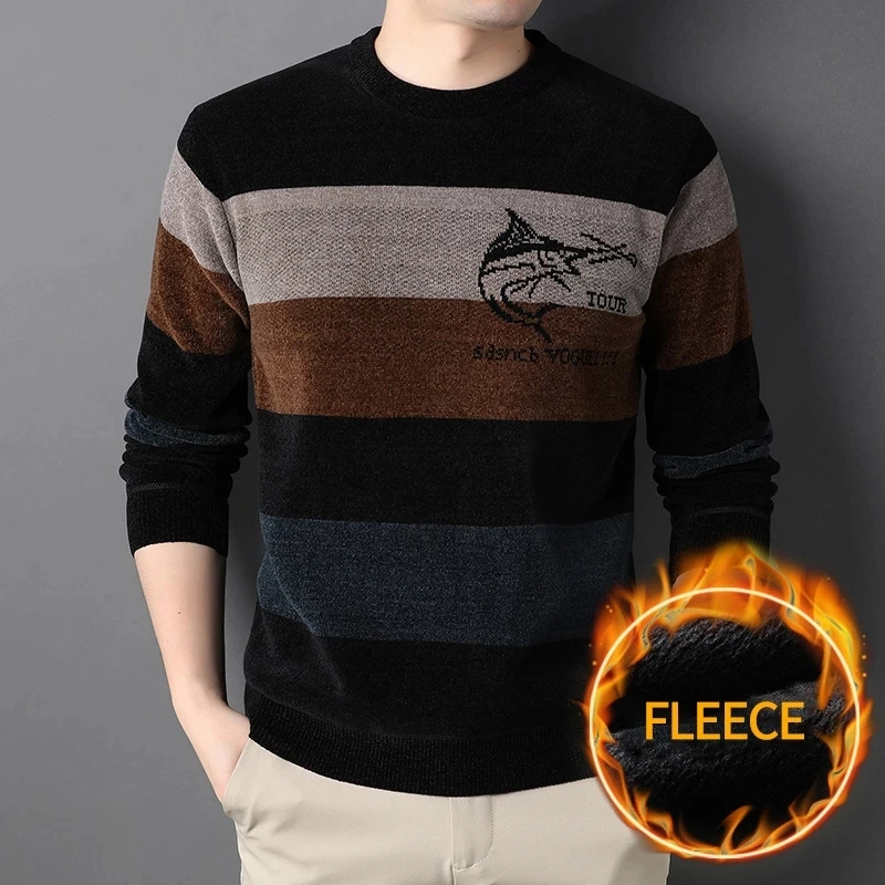 

Chenille Jacquard Men's Sweater Winter Trendy Round Neck Knitwear Casual Thicken Fleece Pullover Men 2022 New Fashion Clothing
