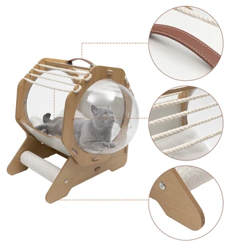 Cat Dog MDF Modern Pet Bed House Spaceship Space Capsule with Cushion Cat Bed with Acrylic Dome Wooden Cat Bed Capsule 4