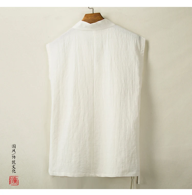 중국어 번체 Hanfu 조끼 남성 리넨 코튼 민소매 슬릿 탑 남성 당나라 정장 기모노 카디건 남성 오픈 스티치 셔츠