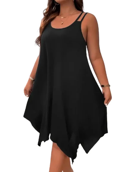 Plus Size Womens Solid Strappy Asymmetrical Hem T Shirt Midi Dress Ladies Sleeveless Casual Loose Summer Holiday Sundress XL-5XL 5