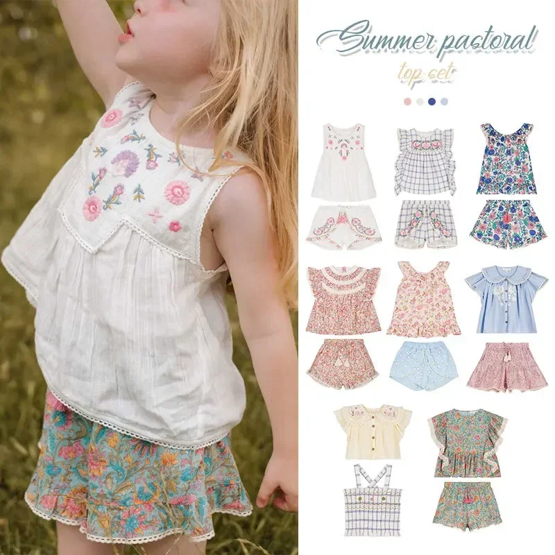 

Children's Tops Summer 2024 Louise Misha Girls Sweet Vacation Floral Sleeveless Camisole Shorts Set