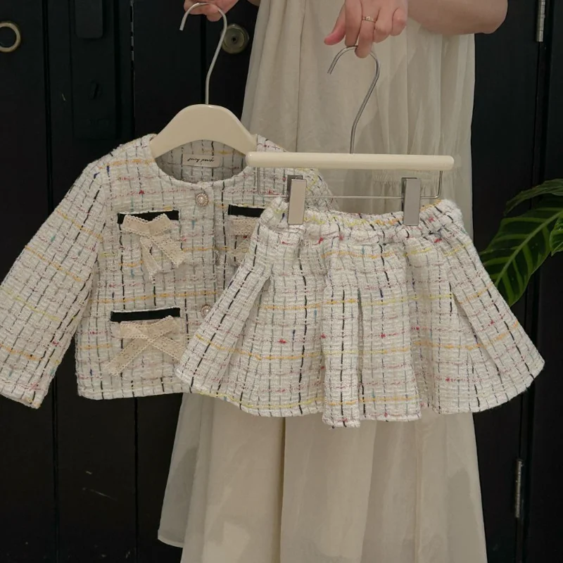 

Children Skirt Set 2023 Spring Autumn New Fashionable Girls Bow Short Style Coat and Baby Pleated Skirt Two Piece Set for Girls