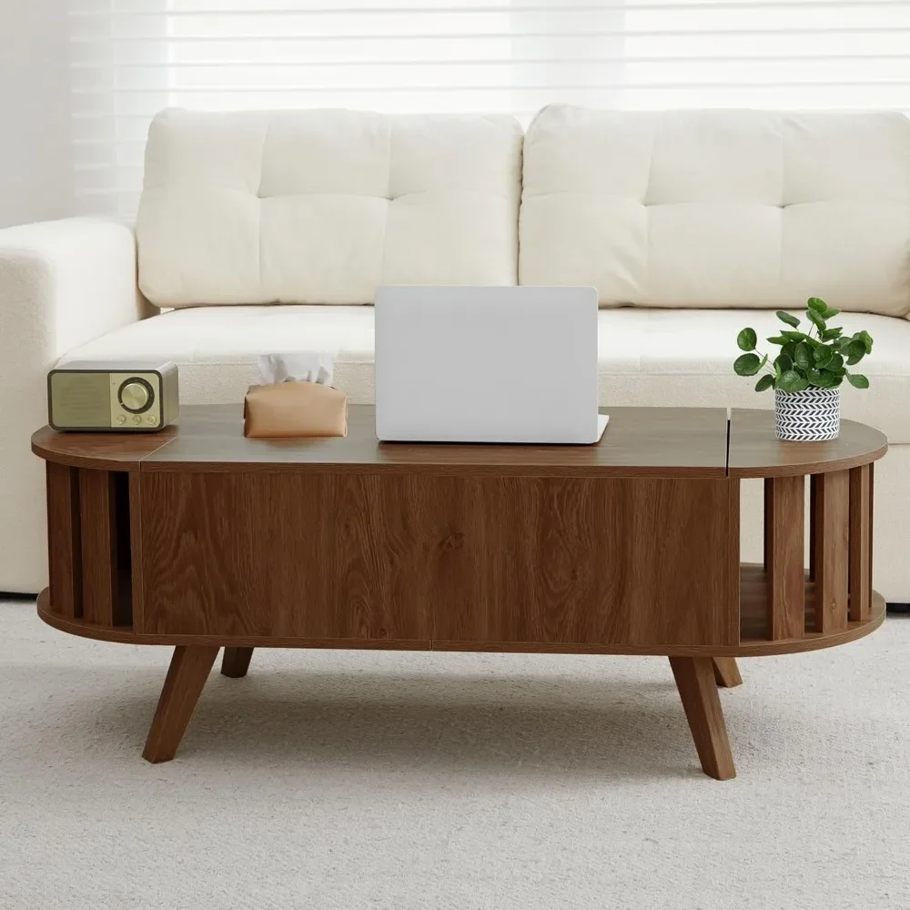 Lift Top Coffee Table with Storage,47.2" Oval Coffees Tables with Open Fence Storage, Mid Century Coffee Table with Lifting top 3