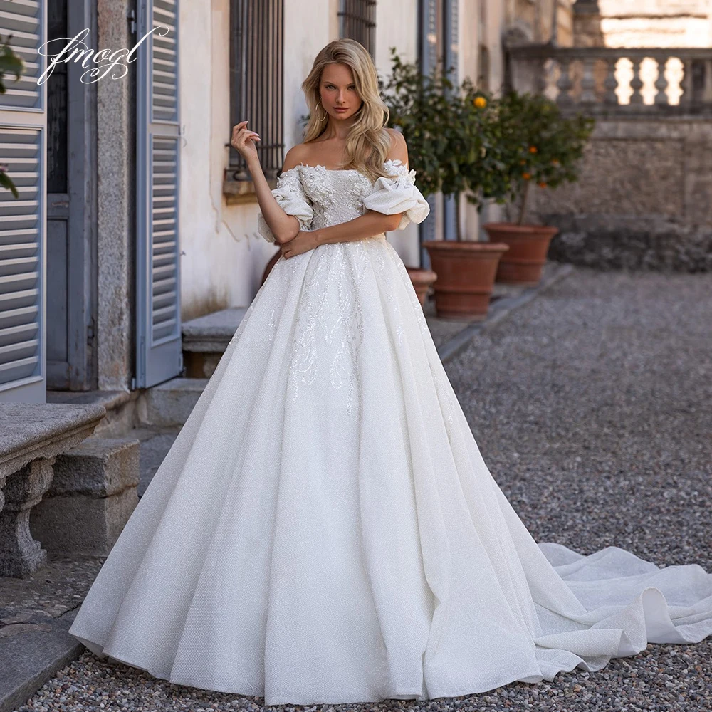 

Fmogl Sexy Boat Neck Flowers Lace Vintage Wedding Dresses Luxury Appliques Beaded Court Train Princess A Line Bridal Gown