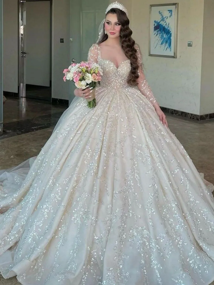 Luxury Dubai Wedding Dresses V-neck White Ball Gown 67534 – Viniodress