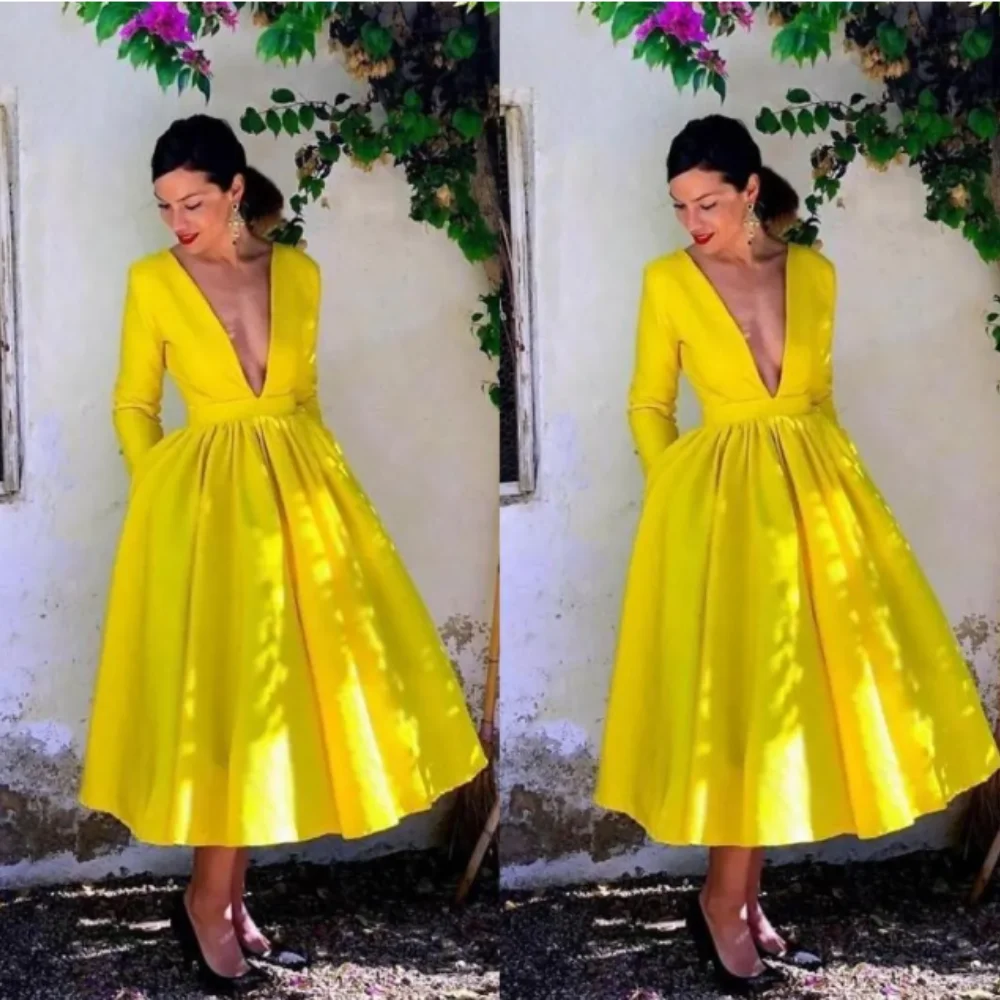 

Stunning Yellow Tea Length Deep V neck Prom Party Homecoming Dresses Pockets Satin Ruched A line Cocktail Formal Evening Dress