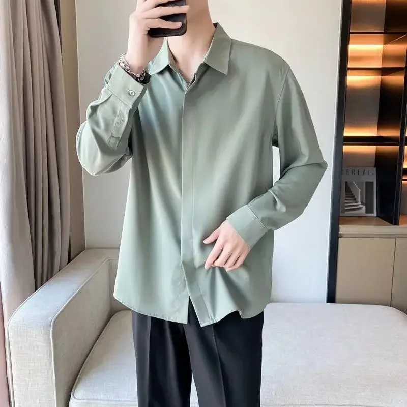 thumbnail image 1 of Camisas Para Hombre Camisa Verde Lisa De Manga Larga Para Hombre Original Con Cuello Mangas Cosas Baratas 2025 Novedad En Venta Silk Social Xxl I, 1 of 5