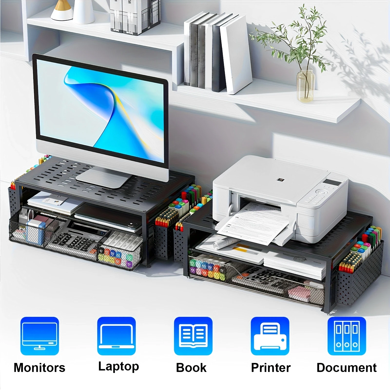Computer Monitor Stand Riser with Drawer and 2 Pen Holders, Office Desk Accessories & Workspace Organizers for Office Supplies