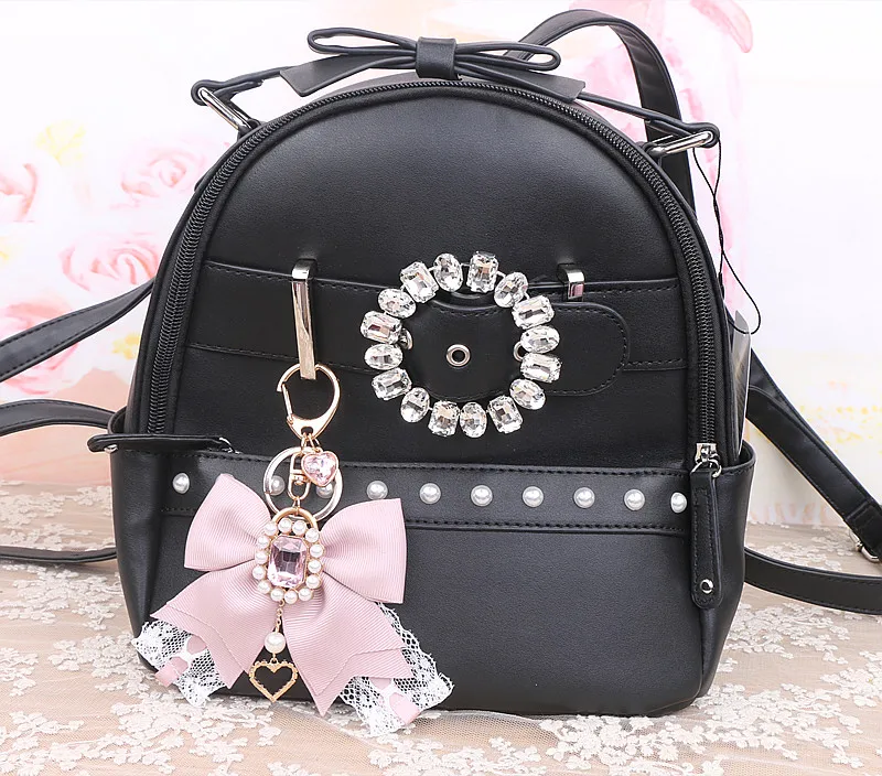 Handmade Japanese Style Girls Big Bow Rhinestone Lace Keychain Sweet Cute Handbag Pendants Lolita Keyrings Bag Charms